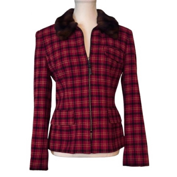 Vintage Wool Ralph Lauren Plaid Jacket Faux Fur Collar Red Sz 6 Small Blazer - Picture 4 of 12